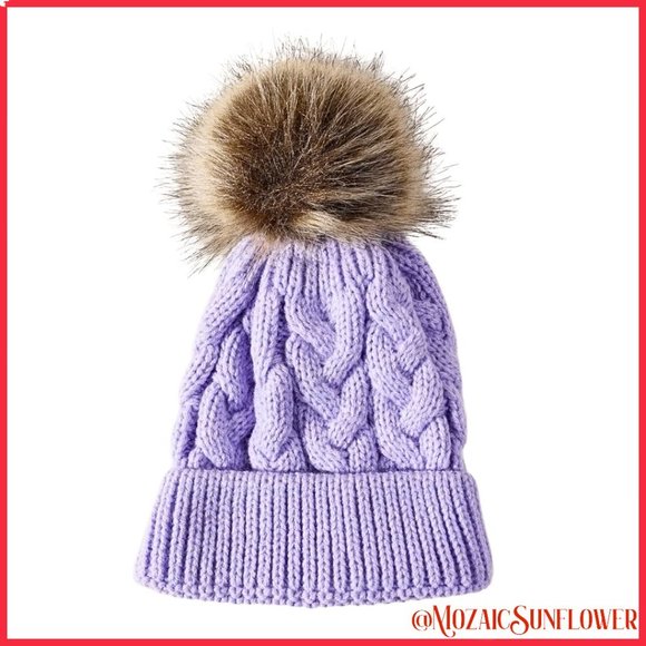 Toddler Hand Cable Knit Lavender Hat Faux Fur Pom - Picture 4 of 4